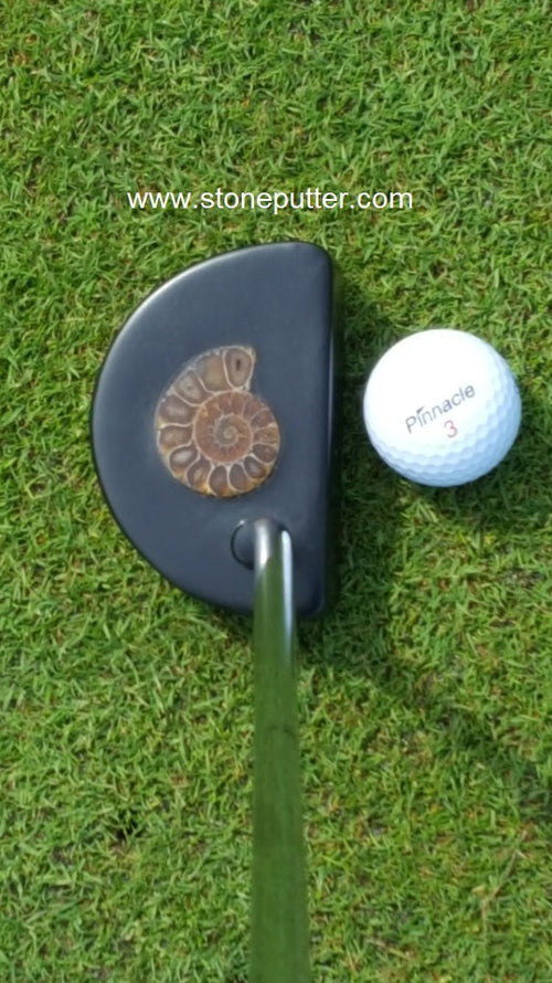 Custom stone putter made from African Wonderstone (Volcanic Ash) with inset fossil.