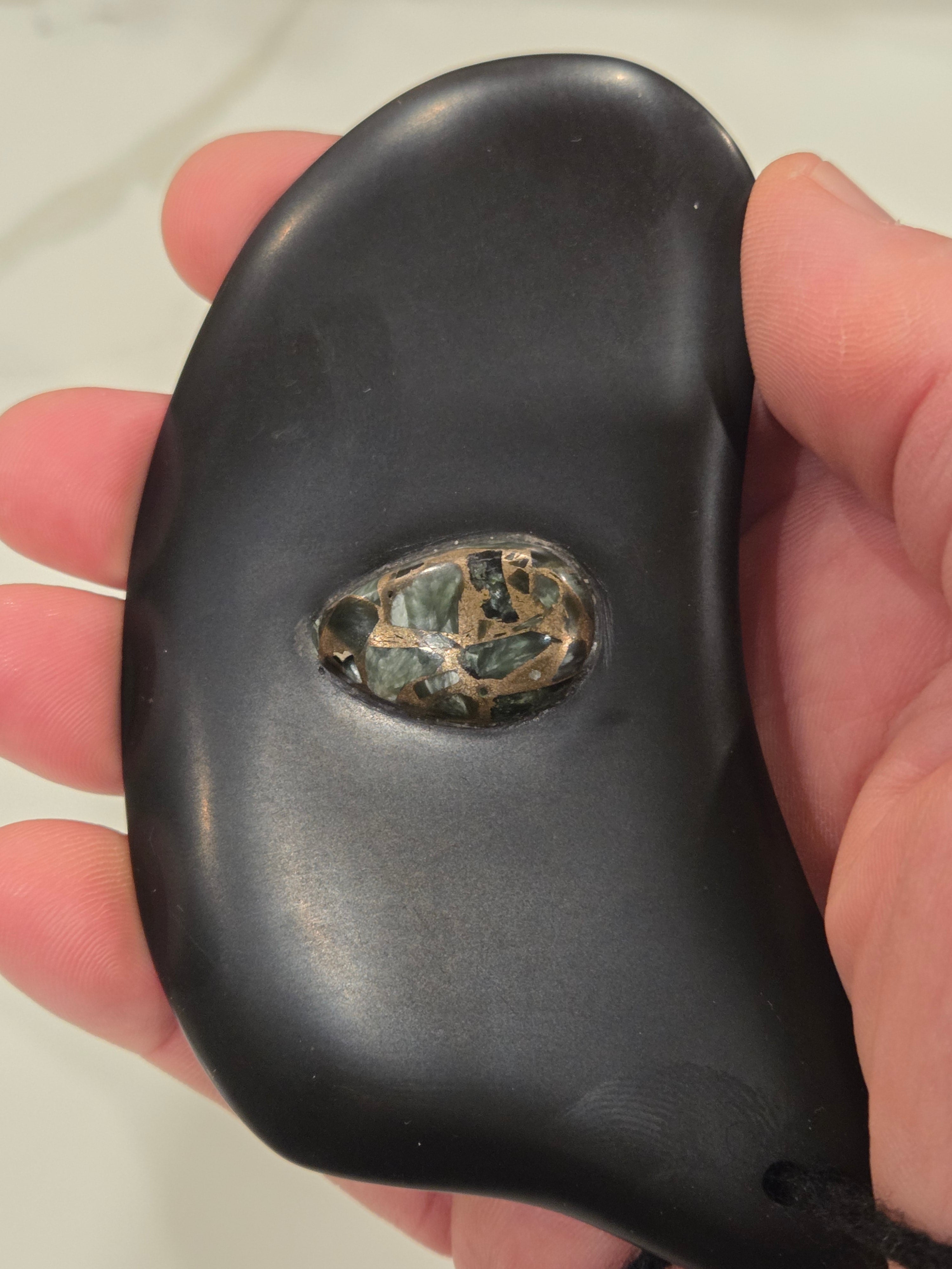 Gua Sha Massage Stone with Seraphinite in copper inset
