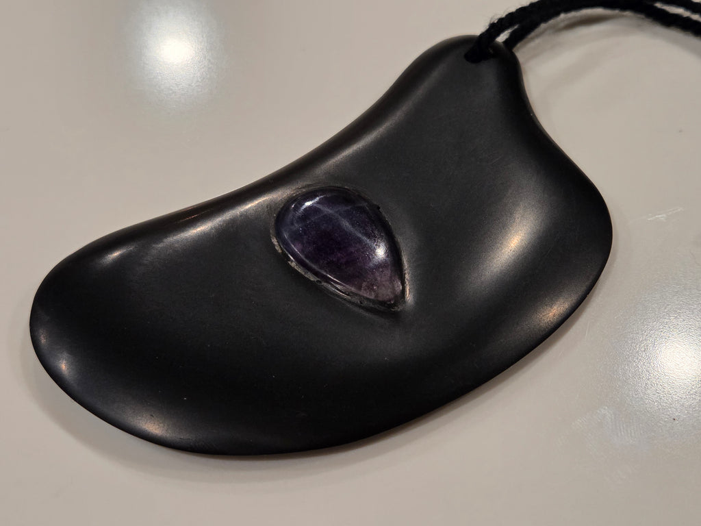 Gua Sha Massage Stone with Rainbow Fluorite crystal inset