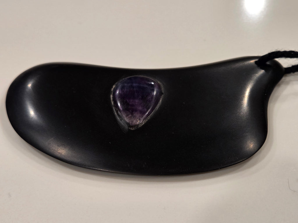 Gua Sha Massage Stone with Rainbow Fluorite crystal inset